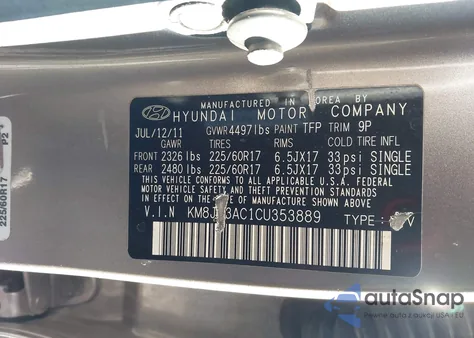 2012 Hyundai Tucson Gls from USA, damaged, VIN KM8JU3AC1CU353889